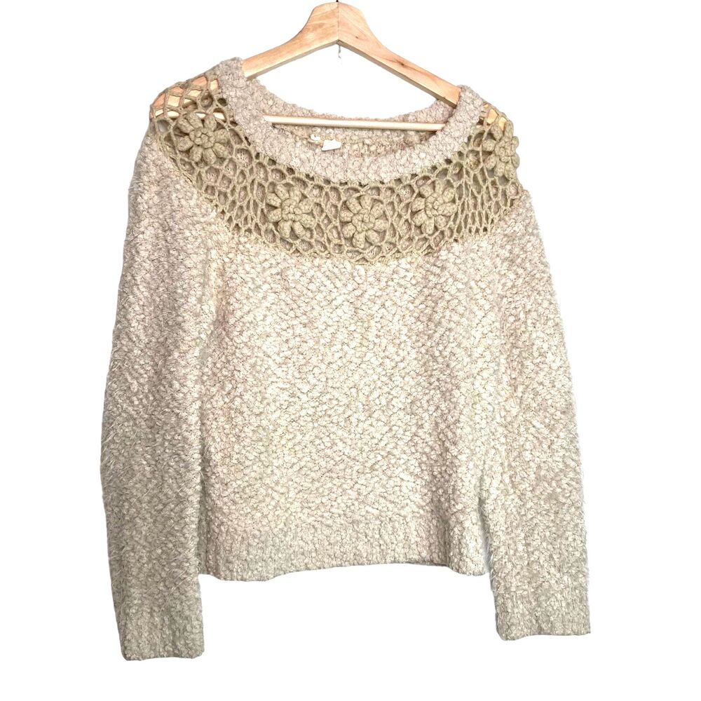 Anthropologie Moth Sweater Size Medium Beige Yolk Floral Crocket Details